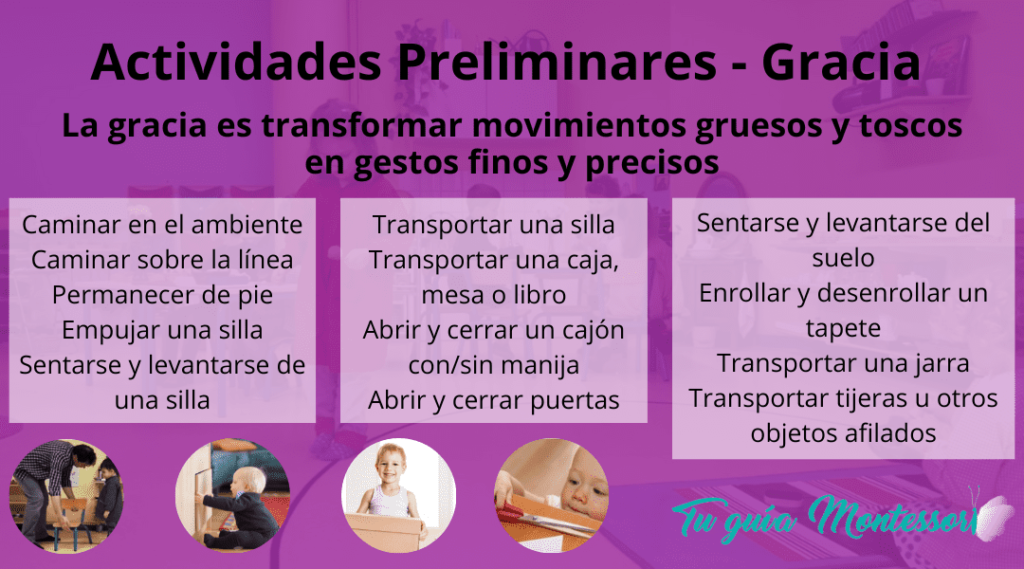 Listado de actividades preliminares para mejorar la gracia en los movimientos según la pedagogía Montessori.
