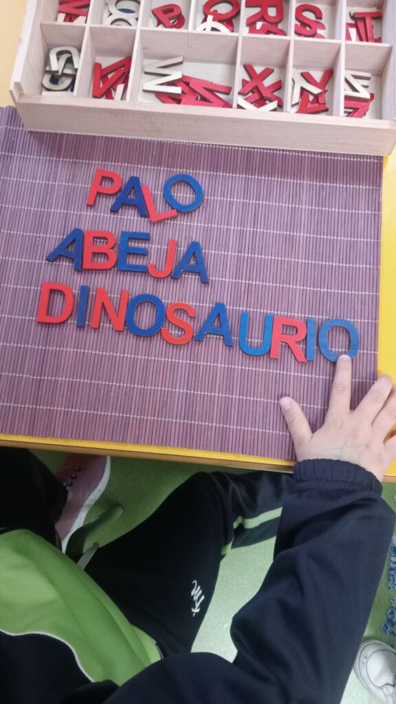 Niño formando palabras con el alfabeto móvil Montessori, perfecto para el inicio de la lectoescritura