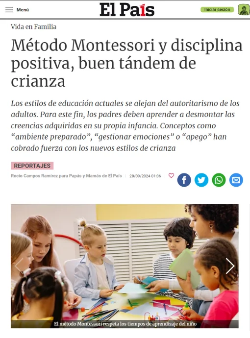 Reportaje en el periódico El País donde se cita a Miriam Escacena como experta en Pedagogía Montessori